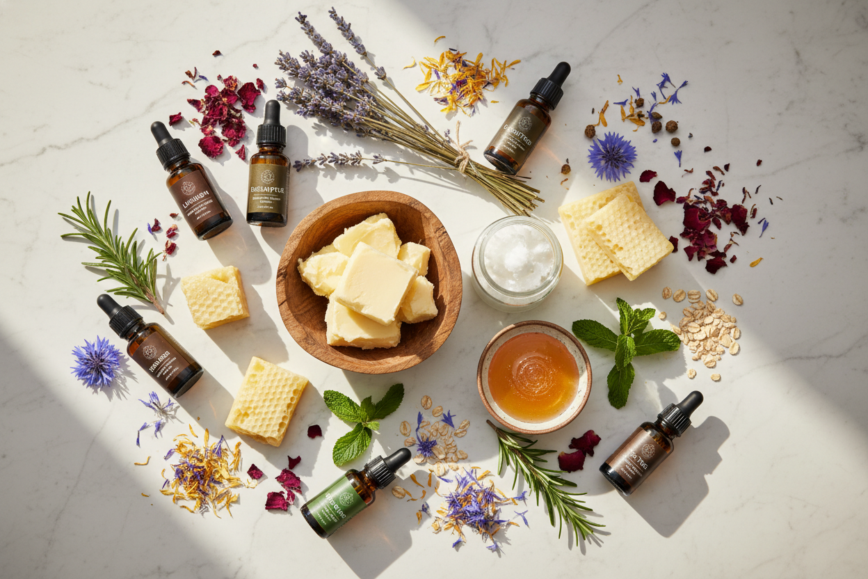 Raw ingredients for soap and lotion with a beautiful background